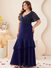 Plus Size V Neck Blue Short Sleeve Evening Dress