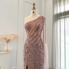 Luxury Pink One Shoulder Mermaid Evening Dress with Cape Sleeves