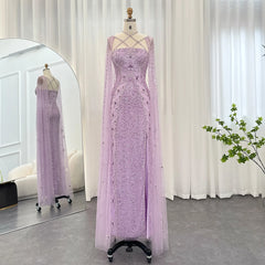 Luxury Aqua Lilac Mermaid Evening Dress with Cape Sleeves