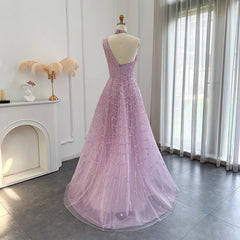 Luxury Sleeveless Beaded Lilac Evening Dress