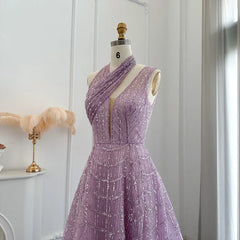 Luxury Sleeveless Beaded Lilac Evening Dress