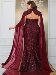 Plus Size Sequined Cloak Chest-Wrapped Evening Dress