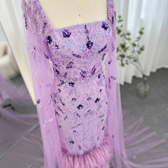 Luxury Feathers Lilac Evening Dress with Cape Sleeves