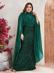 Plus Size Long Cape Sleeves Sparkling Beaded Evening Dress