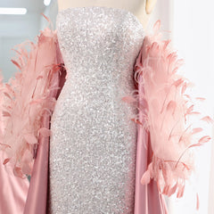 Luxury Pink Feathers Long Sleeves Sequined Evening Dress with Cape