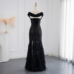 Luxury Black Feathers Sexy Off Shoulder High Slit Evening Dress