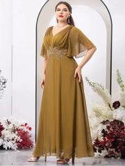 Plus Size V Neck Pleated Multicolor Chiffon Evening Dress