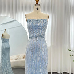 Elegant Strapless Light Blue Pearls Luxury Evening Dress