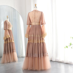 HELEN Luxury Peach Lace Beaded Evening Dress