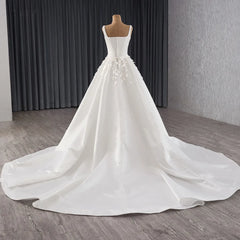 Charming Square Collar Satin A-Line Wedding Dress with Detachable Train