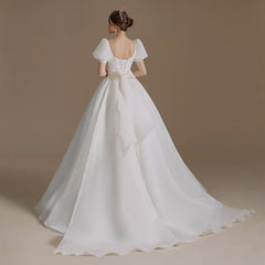 Elegant Short Sleeve Puff Sleeve Wedding Dress with Sashes