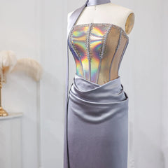 Luxury Elegant Strapless Gray Satin Evening Dress with Scarf