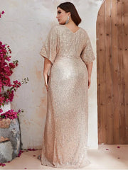 Plus Size V-Neck Loose Sequin Slit Evening Dress