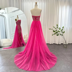 Luxury Fuchsia Scalloped High Slit Evening Dress with Overskirt