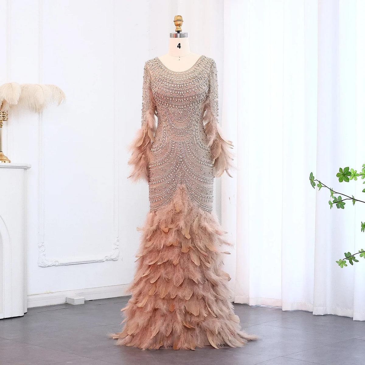 Exquisite Luxury Beaded Feather Nude Tulle Evening Dress