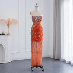 Luxury Crystal Orange Spaghetti Straps Mermaid Evening Dress