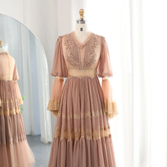 HELEN Luxury Peach Lace Beaded Evening Dress