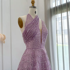 Luxury Sleeveless Beaded Lilac Evening Dress