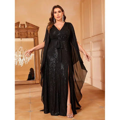 Plus Size V-Neck Sequined Loose Lace-Up Chiffon Evening Dress
