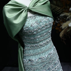 Luxury Sage Green Evening Dress with Cape