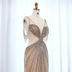 Luxury Crystal Tassel Sequined Silver Nude Evening Dress