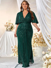 Plus Size Loose Sequined Shawl Short-Sleeved Evening Dress