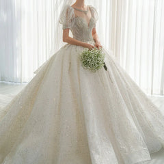 Elegant Short Sleeves Beaded Ball Gown Wedding Dress