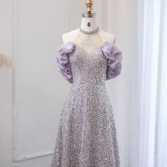 Luxury Off Shoulder Pink Sparkly Sequin Purple Evening Dress