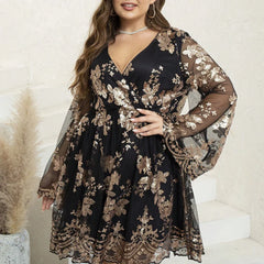 Plus Size Long Sleeve V-neck Embroidery Party Evening Dress