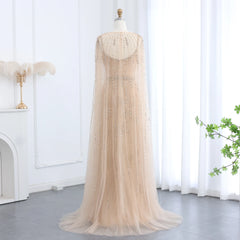 Luxury Exquisite Champagne Tulle Mermaid Evening Dress with Cape