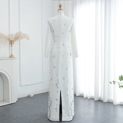 High Neck Straight White Satin Beads Slit Evening Dress