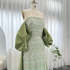 Luxury Sage Green Evening Dress with Cape