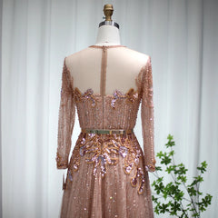 Elegant Long Sleeve Rose Gold Luxury Evening Dress