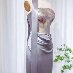 Luxury Elegant Strapless Gray Satin Evening Dress with Scarf