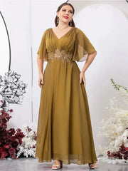 Plus Size V Neck Pleated Multicolor Chiffon Evening Dress