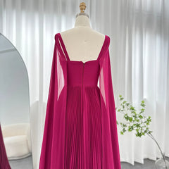 Luxury Fuchsia Chiffon Evening Dress with Cape Sleeves