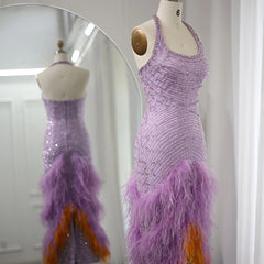 Luxury Elegant Halter Feathers Lilac Evening Dress