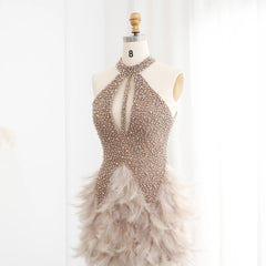 HELEN Luxury Feathers & Pearls Nude Short Cocktail Party Dress