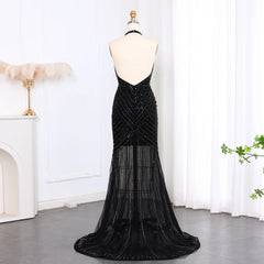 HELEN Luxury Beaded Halter Open Back Mermaid Black Evening Dress