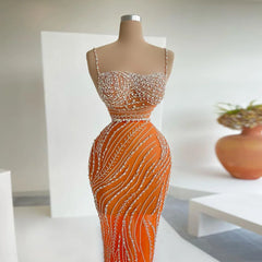 Luxury Crystal Orange Spaghetti Straps Mermaid Evening Dress