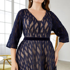 Plus Size Lace V Neck Embroidery Long Sleeve Evening Dress