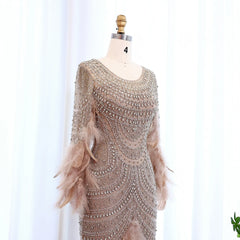 Exquisite Luxury Beaded Feather Nude Tulle Evening Dress