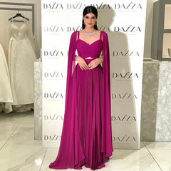 Luxury Fuchsia Chiffon Evening Dress with Cape Sleeves