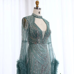 Luxury Beaded Sequined Mermaid Evening Dress with Cape Sleeves