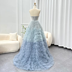 Luxury Blue Ombre Tiered Ruffles Evening Dress