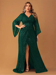 Plus Size Long Sleeve V Neck Evening Dress