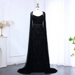 Luxury Exquisite Champagne Tulle Mermaid Evening Dress with Cape