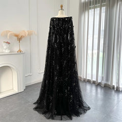 Luxury 3D Flowers Black Satin Evening Dress with Cape