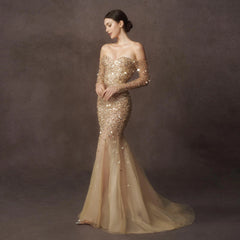 Luxury Champagne Gold Mermaid Evening Dress with Detachable Overskirt