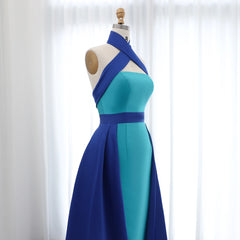 Luxury Royal Blue Criss Cross Halter Evening Dress with Overskirt